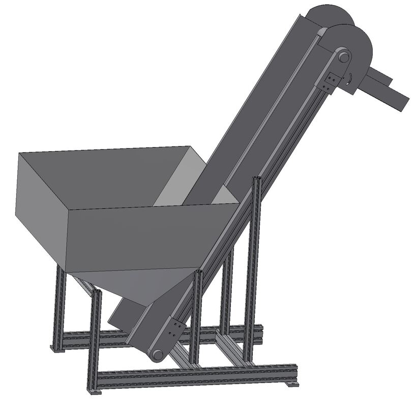 CAD model of a custom build metal hopper used for sorting small parts.