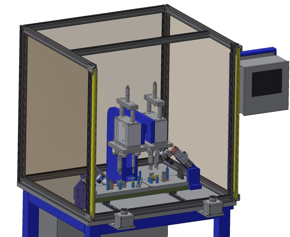 A CAD model of a enclosed automation machine with light curtains installed for safety.